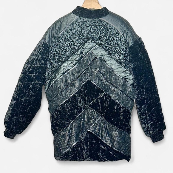 80s Vintage JA Resort Velvet Quilted Panel Patchwork Coat Black 1X - Picture 3 of 9
